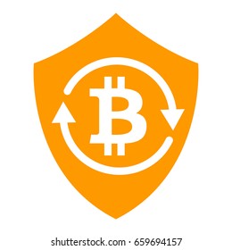 Bitcoin exchange shield isolated orange flat vector icon. Cryptocurrency shield vector icon.