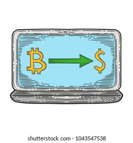 Bitcoin exchange stock vector image, digital currency, cryptocurrency money,laptop, bitcoin symbol. Doodle and engraved style illustration, hand drawn. Isolated on white background.