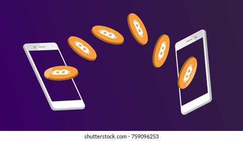 Bitcoin exchange and transfer with mobile smarth phone. Vector modern flat illustration cryptocurrency technology.