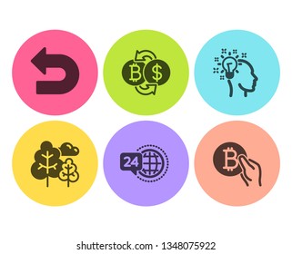 Bitcoin exchange, Undo and Idea icons simple set. Tree, 24h service and Bitcoin pay signs. Cryptocurrency change, Left turn. Business set. Flat bitcoin exchange icon. Circle button. Vector