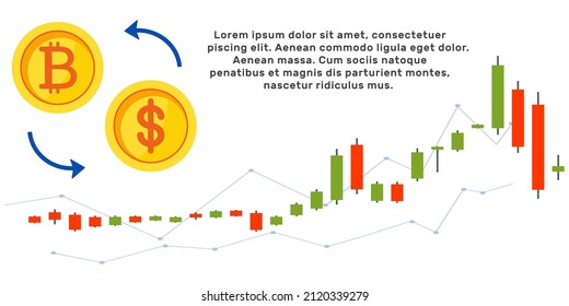Bitcoin exchanger and analytics banner template. Currency in the future of the Internet. Stock market digital online technology chart. Cryptocurrency with golden coin Bitcoin and dollar.Digital money 