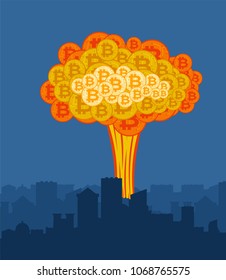 Bitcoin explosion in city. Big cloud of crypto currency.