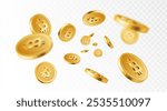 Bitcoin explosion. Cryptocurrency, electronic payments and blockchain. Golden 3D coins explosion, bitcoins splash. Vector isolated concept.