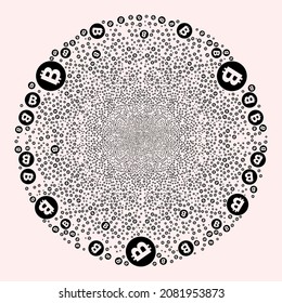 Bitcoin explosion spheric cluster. Object pattern is combined from random bitcoin pictograms as exploding spheric cluster. Abstraction round cluster mosaic is combined from bitcoin icons.