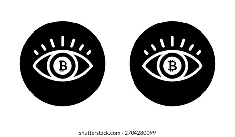 Icono de ojo de Bitcoin en círculo negro. Símbolo de visión criptográfica. Signo de información de moneda digital