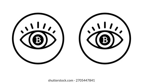 Icono de ojo de Bitcoin en contorno circular. Símbolo de visión criptográfica. Signo de información de moneda digital