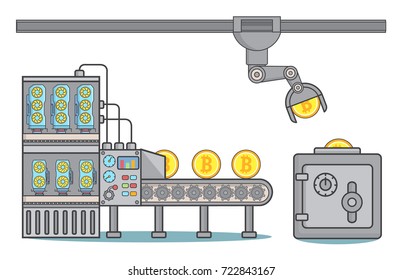 Bitcoin factory concept vector illustration. Thin line flat style design element for web banners and printed materials.