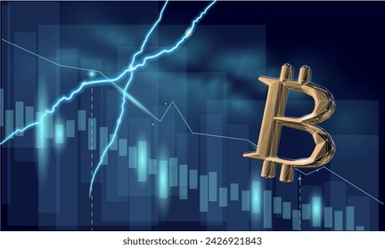 Bitcoin failing graph crypto currency. Coin B symbol finance economy banking system. Blockchain extra crash with lightning negative forecast for decline in value vector illustration.