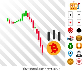Bitcoin Fall Down pictograph with bonus gambling graphic icons. Vector illustration style is flat iconic symbols. Designed for casino software.