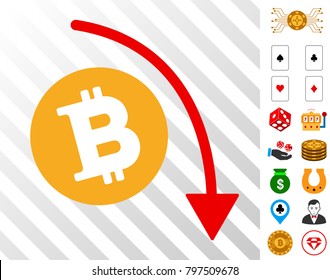 Bitcoin Fall Down Trend icon with bonus gambling symbols. Vector illustration style is flat iconic symbols. Designed for casino software.