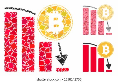 Bitcoin falling chart mosaic of tremulant items in different sizes and shades, based on Bitcoin falling chart icon. Vector rugged dots are combined into collage.