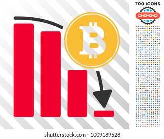 Bitcoin Falling Chart pictograph with 7 hundred bonus bitcoin mining and blockchain pictograms. Vector illustration style is flat iconic symbols designed for bitcoin software.