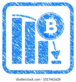 Bitcoin Falling Chart rubber seal stamp imitation. Icon vector symbol with grunge design and unclean texture inside rounded rectangle. Scratched blue sign on a white background.