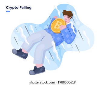 Bitcoin Falling Down flat vector illustration. Price collapse of the cryptocurrency. Crypto crash illustration concept. Person with bring Crypto coin and falling down. 