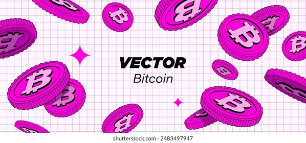 Bitcoin Falling Explosion Vector. Flat, Cartoon Pink Coins Illustration. Cryptography Finance Tsoin Design. Fintech Blockchain. Currentius Isolated. Illustration 90s of currency in Retro y2k style. 