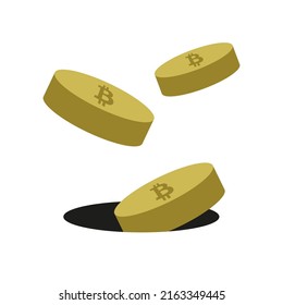 Bitcoin falling in a hole. This concept vector illustration of golden coins dropping represents the moviment of Bitcoin cryto currency loosing its price in a market crash.