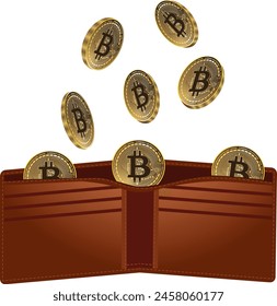 Bitcoin falling into wallet illustration