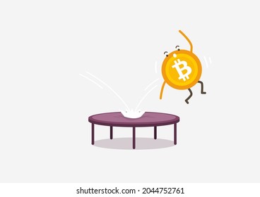 Bitcoin cayendo sobre un trampolín. Concepto de caricatura de criptografía.