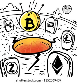 Bitcoin falls down sketch. Cryptocurrency sign BTC, funny cartoon panic bitcoin litecoin ethereum ripple zcash dash, crypto scum price down. Collapse market. hand draw isolated vector illustration.