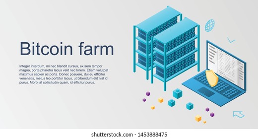 Bitcoin farm concept banner. Isometric illustration of bitcoin farm vector concept banner for web design