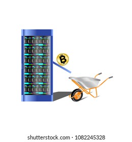 Bitcoin farm, data center for obtaining the cryptocurrency bitcoin, the coin rolls into the cart. Vector Illustration