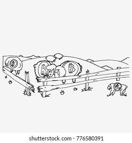 Bitcoin farm. Hand drawn vector stock illustration.