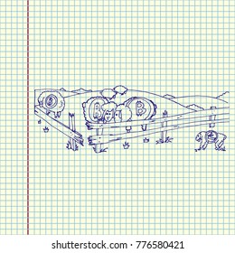 Bitcoin farm. Hand drawn vector stock illustration.