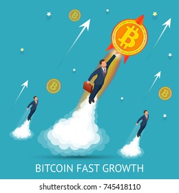 Bitcoin is fast growing. Digital currency, technology worldwide network concept. Businessman takes off with a coin bitcoin. Block chain concept
