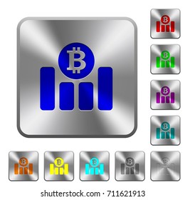 Bitcoin financial graph engraved icons on rounded square glossy steel buttons