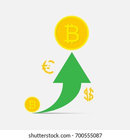 Bitcoin financial system growth. Growth of the crypto currency Bitcoin, the fall of the Dollar and Euro, vector illustration