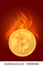 Bitcoin in fire. Digital currency. Cryptocurrency. Golden shiny coin with bitcoin symbol burning in fire. Virtual money concept. Vector illustration.