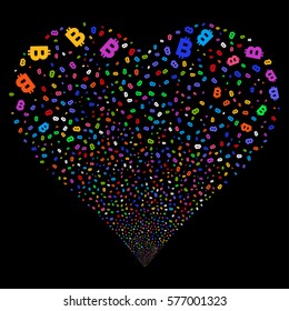 Bitcoin fireworks with heart shape. Vector illustration style is flat bright multicolored iconic symbols on a black background. Object love heart made from confetti pictographs.