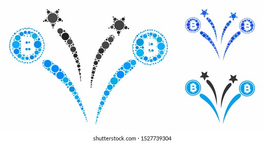 Bitcoin fireworks mosaic of circle elements in different sizes and color hues, based on Bitcoin fireworks icon. Vector round elements are grouped into blue mosaic.
