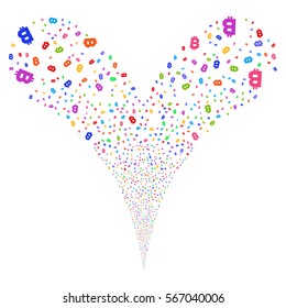 Bitcoin fireworks stream. Vector illustration style is flat bright multicolored iconic symbols on a white background. Object double fountain organized from random pictographs.