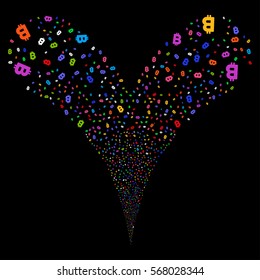Bitcoin fireworks stream. Vector illustration style is flat bright multicolored iconic symbols on a black background. Object double fountain made from random pictographs.
