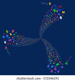 Bitcoin fireworks swirl rotation. Vector illustration style is flat bright multicolored iconic symbols on a blue background. Object whirl done from random pictograms.