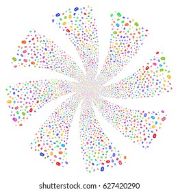 Bitcoin fireworks swirl rotation. Vector illustration style is flat bright multicolored iconic symbols on a white background. Object whirlpool organized from random symbols.