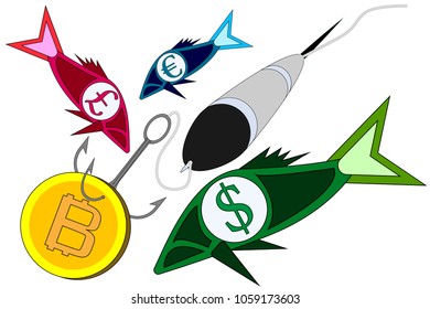 Bitcoin fishing. Coin crypto currency is on hook to catch fish with symbols of real money. It means high rate of crypto currency on market, crisis and fall to lose investments due to financial risk