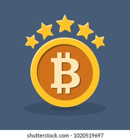 Bitcoin with five stars flat icon. Digital cryptocurrency concept. Golden coin with bitcoin symbol on dark background. Vector illustration