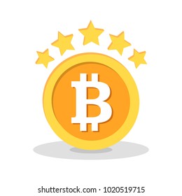 Bitcoin with five stars flat icon. Digital cryptocurrency concept. Golden coin with bitcoin symbol isolated on white background. Vector illustration