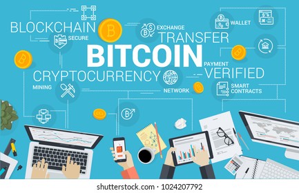 Bitcoin. Flat design style web banner of blockchain technology, bitcoin, altcoins, cryptocurrency mining, finance, digital money market, cryptocoin wallet, stock exchange. Vector illustration.