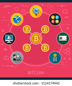 Bitcoin flat icons concept. Vector illustration. Element template for design.