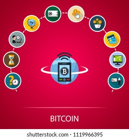 Bitcoin flat icons concept. Vector illustration. Element template for design.
