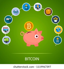 Bitcoin flat icons concept. Vector illustration. Element template for design.