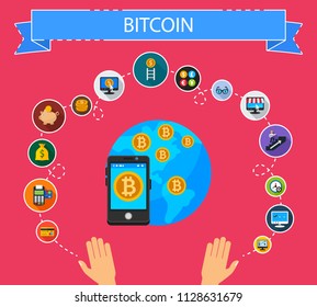Bitcoin flat icons concept. Vector illustration. Element template for design.