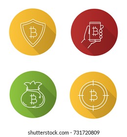 Bitcoin flat linear long shadow icons set. Cryptocurrency. Safe payments, digital wallet, money bag, searching for bitcoin. Vector outline illustration