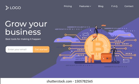 Bitcoin flat mini persons vector illustration landing page template design. Famous international cryptocurrency from mining network. Blockchain trade network symbol. Unstable and dangerous currency.