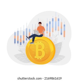 Bitcoin in flat style on white background. Man sits on bitcoin. Vector cryptocurrency. Bitcoin currency.