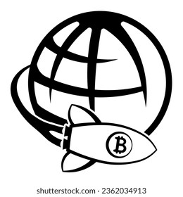 Bitcoin Flies On A Rocket Around The Globe. Vector Image Of An Icon That 
Symbolizes Quick Transfers Or Payment With Bitcoins Around The Globe