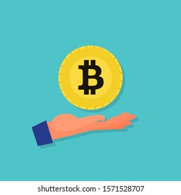 Bitcoin floating over caucasian human hand palm. Blue background. Flat style stock vector illustration.